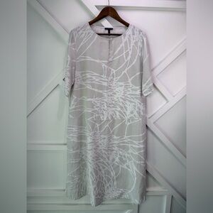 OSKA Linen Shift Dress Taupe Beige Abstract Print Short Sleeve Size 4 US 12-14